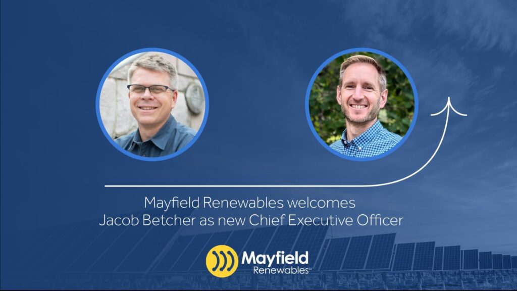 Mayfield announces new CEO, the graphic displays 2 images, Ryan Mayfield on the left and Jacob Betcher on the right.